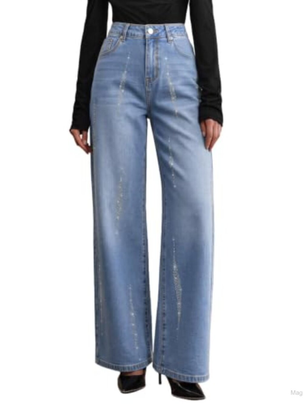 Women's Rhinestone Wide Leg Baggy High Rise Jeans Stretch Denim
